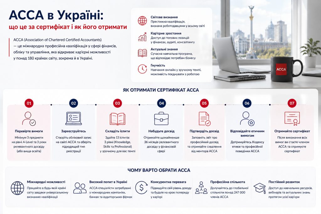 Інфографіка про міжнародну кваліфікацію ACCA: переваги сертифікату, 7 кроків його отримання та причини обрати ACCA для кар'єри у фінансах