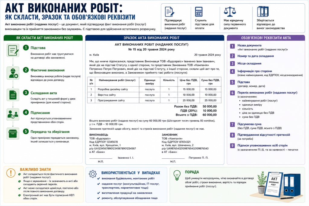Інфографіка про акт виконаних робіт: 5 кроків складання, зразок заповненого документа з таблицею послуг та ПДВ, 9 обов'язкових реквізитів