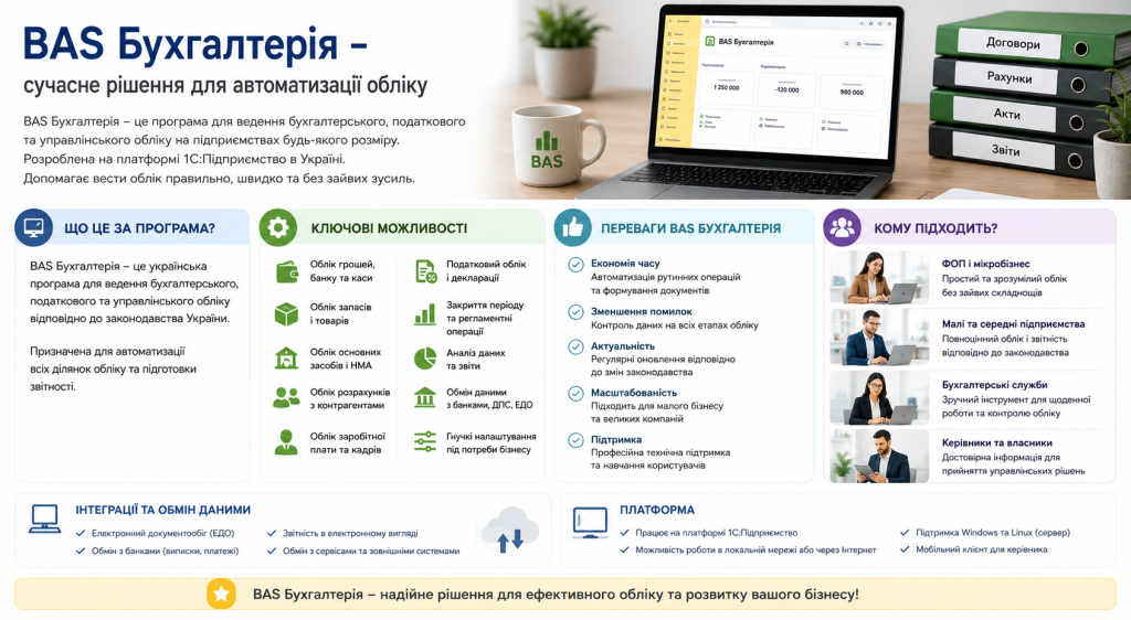 Інфографіка про програму BAS Бухгалтерія: ключові можливості обліку грошей, запасів та зарплати, переваги автоматизації, інтеграції з банками та ЕДО, а також категорії користувачів від ФОП до великих підприємств