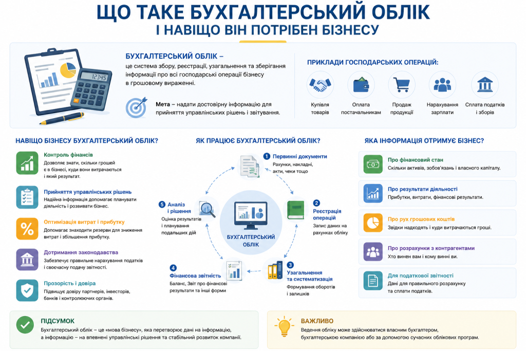 Інфографіка: визначення бухгалтерського обліку, його функції для бізнесу, цикл роботи від первинних документів до фінансової звітності та аналізу