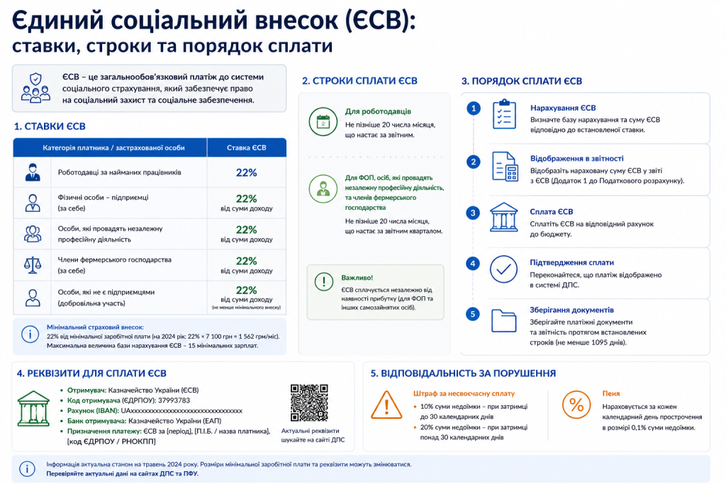 Інфографіка про ЄСВ: таблиця ставок 22% для різних категорій платників, строки сплати, 5 кроків порядку, реквізити та відповідальність за порушення