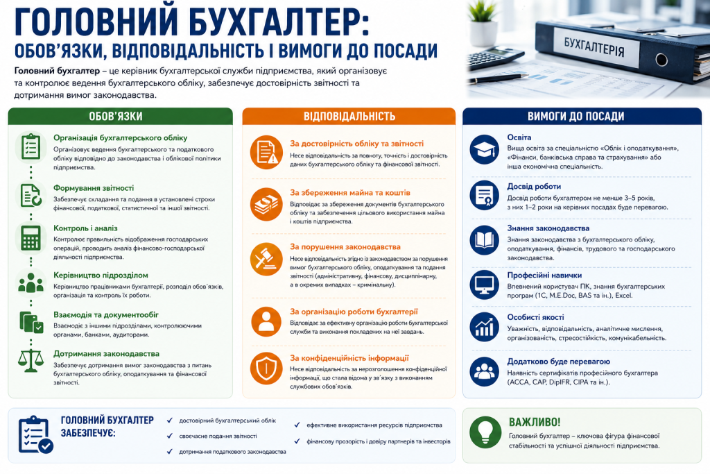 Інфографіка про посаду головного бухгалтера: 6 основних обов'язків, 5 видів відповідальності та вимоги до освіти, досвіду і професійних навичок