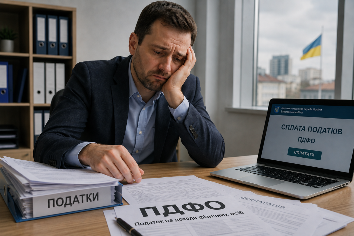 Засмучений чоловік у костюмі сидить за столом з документами ПДФО та декларацією, на ноутбуці відкритий електронний кабінет ДПС України