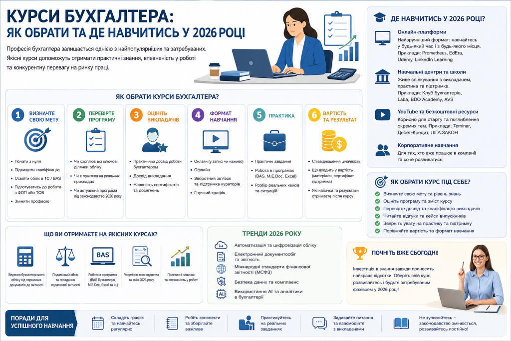 Інфографіка про вибір курсів бухгалтера у 2026 році: 6 кроків вибору, платформи навчання, що отримаєте на курсах, тренди 2026 року та поради для успішного навчання