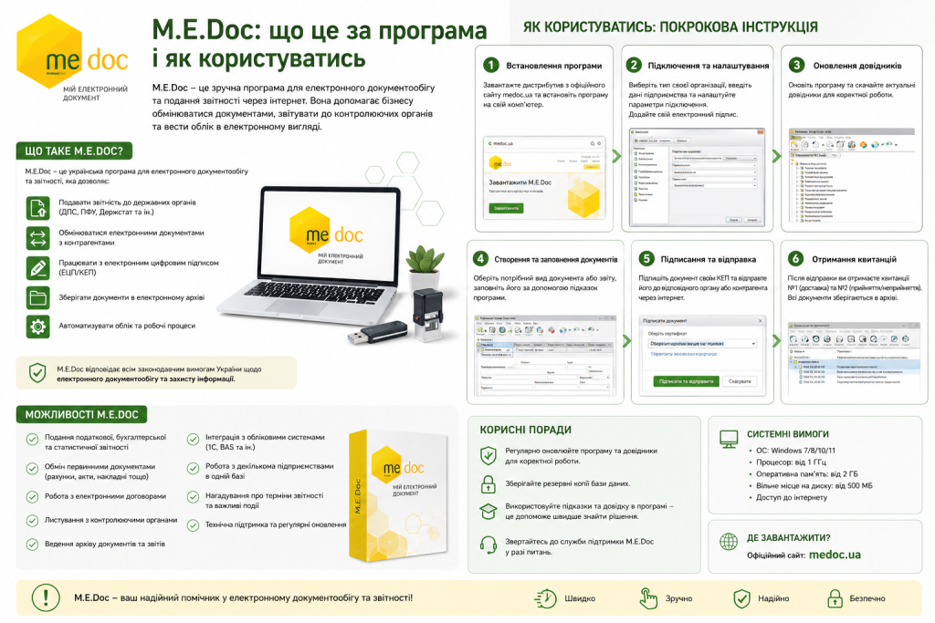 Інфографіка про програму M.E.Doc для електронного документообігу: можливості системи, 6 кроків роботи зі скриншотами, системні вимоги та корисні поради