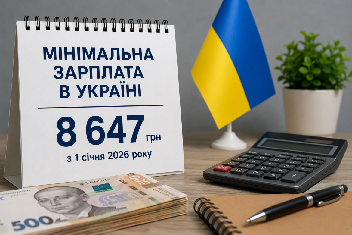 Настільний календар з написом «Мінімальна зарплата в Україні 8 647 грн з 1 січня 2026 року» поруч з українськими гривнями, калькулятором та прапором України