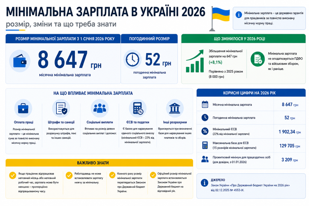 Інфографіка: розмір мінімальної зарплати в Україні з 1 січня 2026 року — 8 647 грн на місяць та 52 грн на годину, вплив на ЄСВ та соціальні виплати