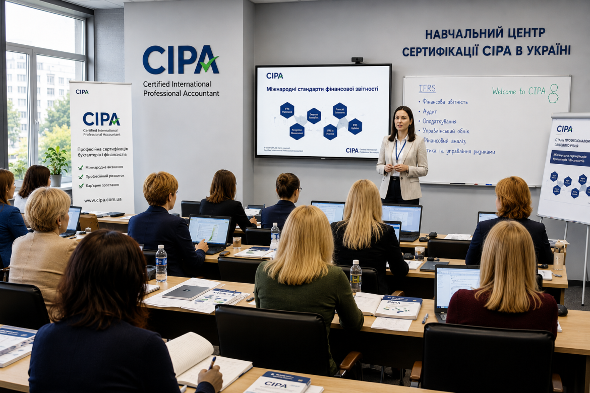 Викладачка проводить лекцію з міжнародних стандартів фінансової звітності IFRS для групи слухачів у навчальному центрі сертифікації CIPA