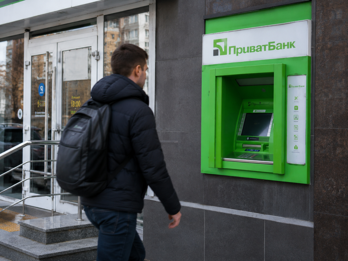 Чоловік із рюкзаком підходить до зеленого банкомату ПриватБанку на вулиці біля відділення банку