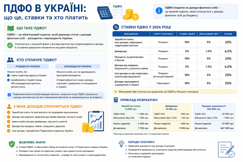 Інфографіка: ставки ПДФО та військового збору в Україні у 2026 році для різних видів доходів — зарплата 18%, дивіденди 5%, нерухомість 5%