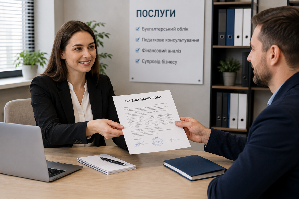 Жінка у діловому костюмі передає підписаний акт виконаних робіт із печаткою чоловікові через стіл в офісі бухгалтерських послуг