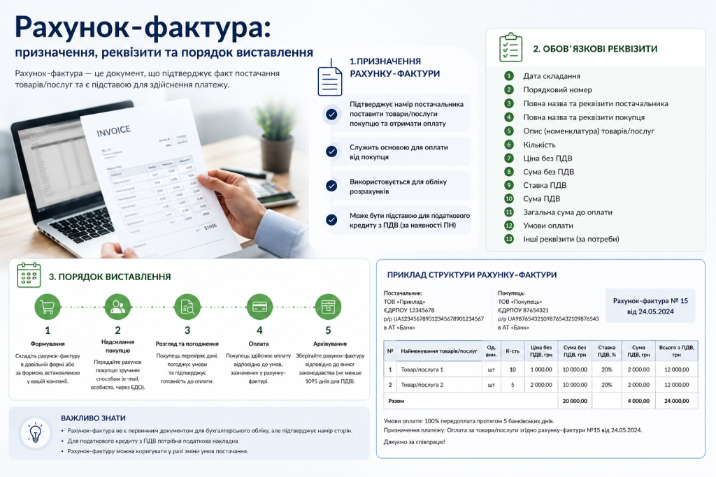 Інфографіка про рахунок-фактуру: призначення документа, 13 обов'язкових реквізитів, 5 кроків порядку виставлення та приклад структури з розрахунком ПДВ
