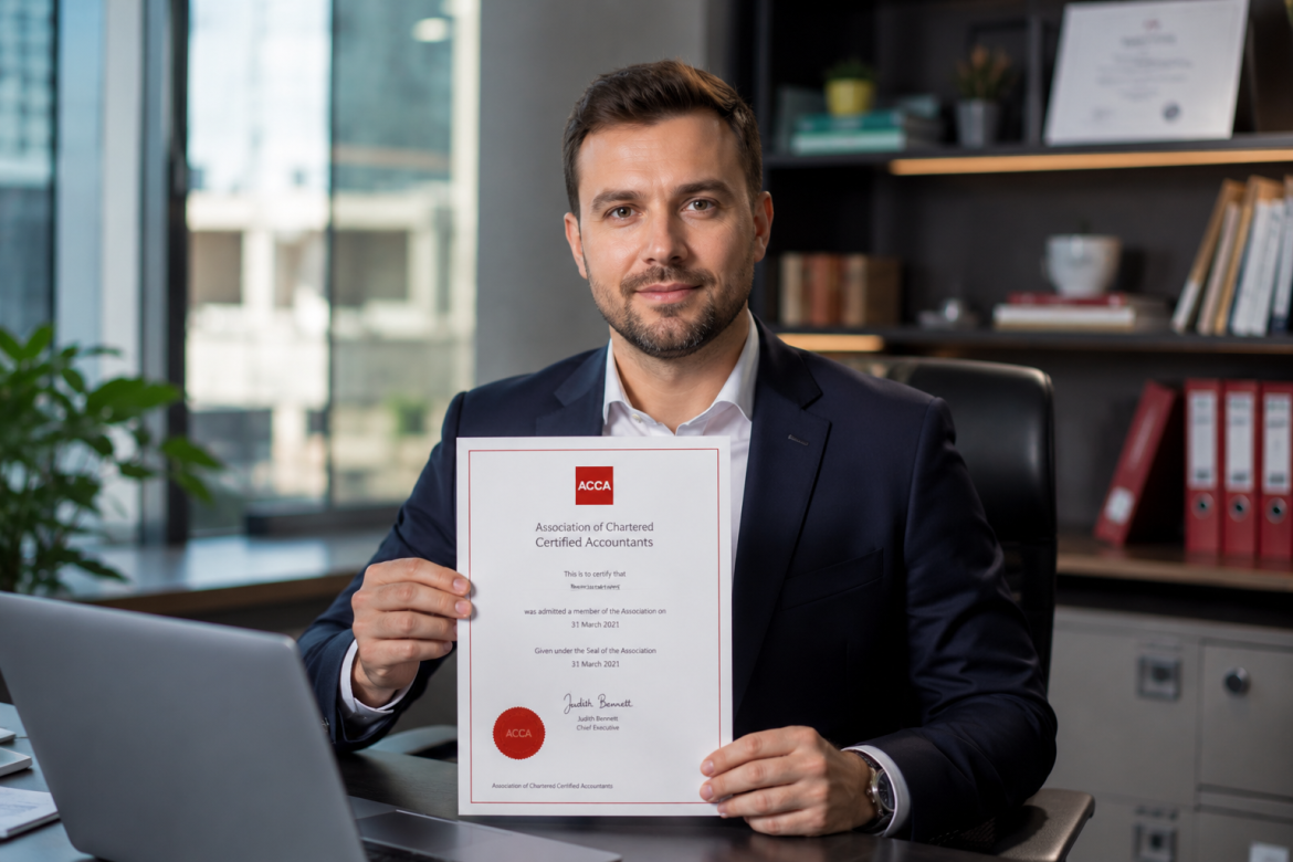 Чоловік у діловому костюмі тримає сертифікат ACCA перед камерою, сидячи за робочим столом з ноутбуком в офісі