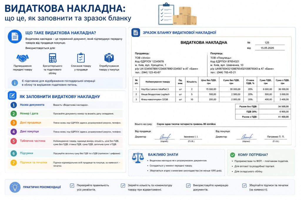 Інфографіка: пояснення що таке видаткова накладна, покрокова інструкція заповнення та готовий зразок бланку з реквізитами продавця і покупця