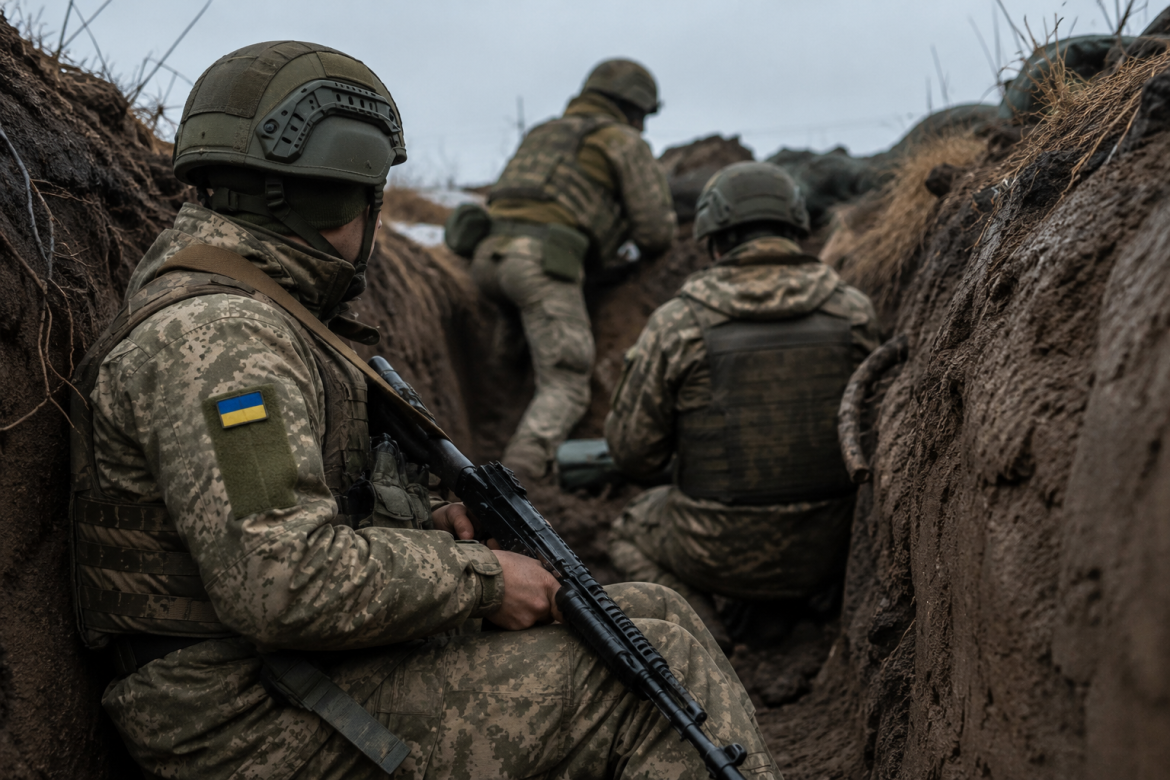 Троє військовослужбовців ЗСУ з українською символікою у бронежилетах та шоломах знаходяться в окопі в польових умовах