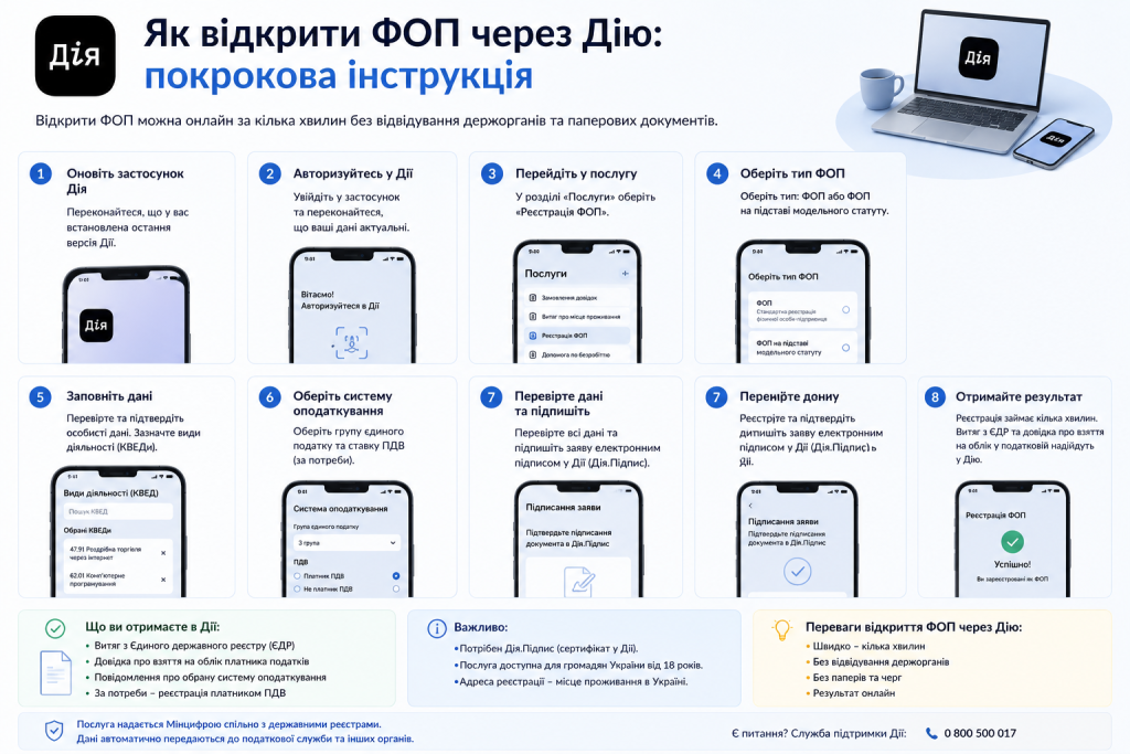 Інфографіка з 8 кроками реєстрації ФОП через застосунок Дія зі скриншотами екранів смартфона та перевагами онлайн-реєстрації
