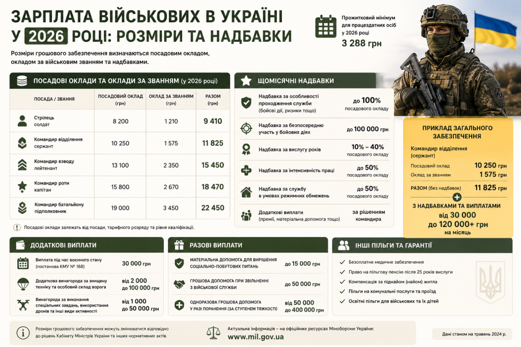 Інфографіка з таблицею посадових окладів військових ЗСУ у 2026 році, переліком щомісячних надбавок, додаткових та разових виплат і пільг