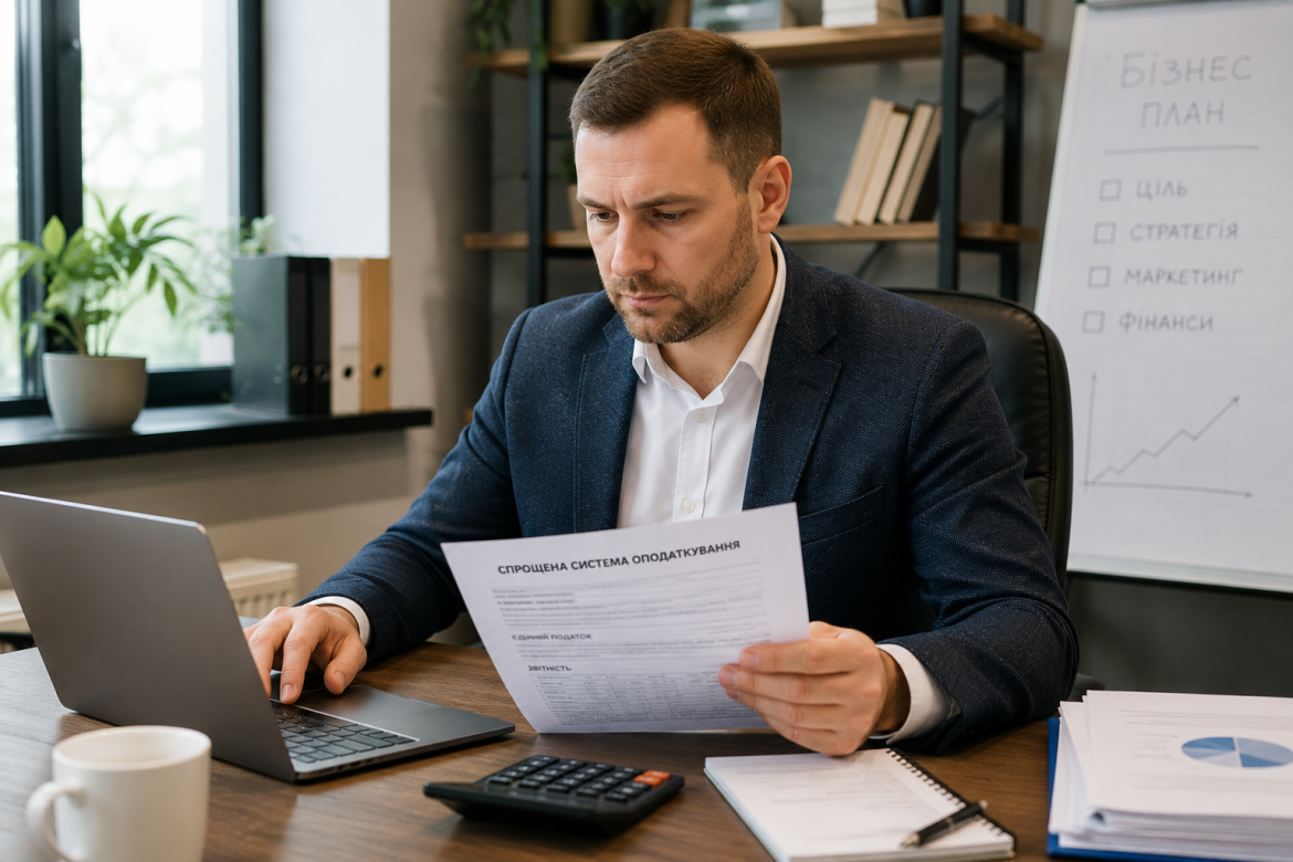 Бізнесмен працює з документами та ноутбуком, вивчаючи правила спрощеної системи оподаткування