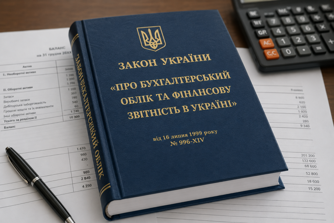 Книга із Законом України «Про бухгалтерський облік та фінансову звітність» на тлі бухгалтерських документів і калькулятора.