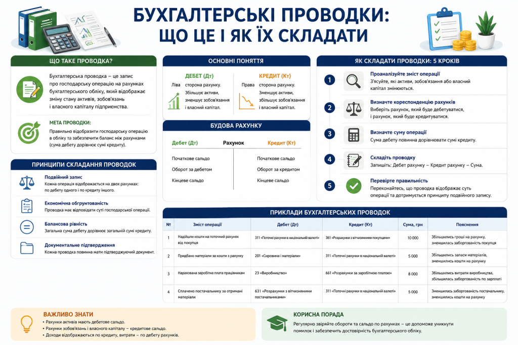 Інфографіка з поясненням бухгалтерських проводок, принципів складання та прикладами операцій