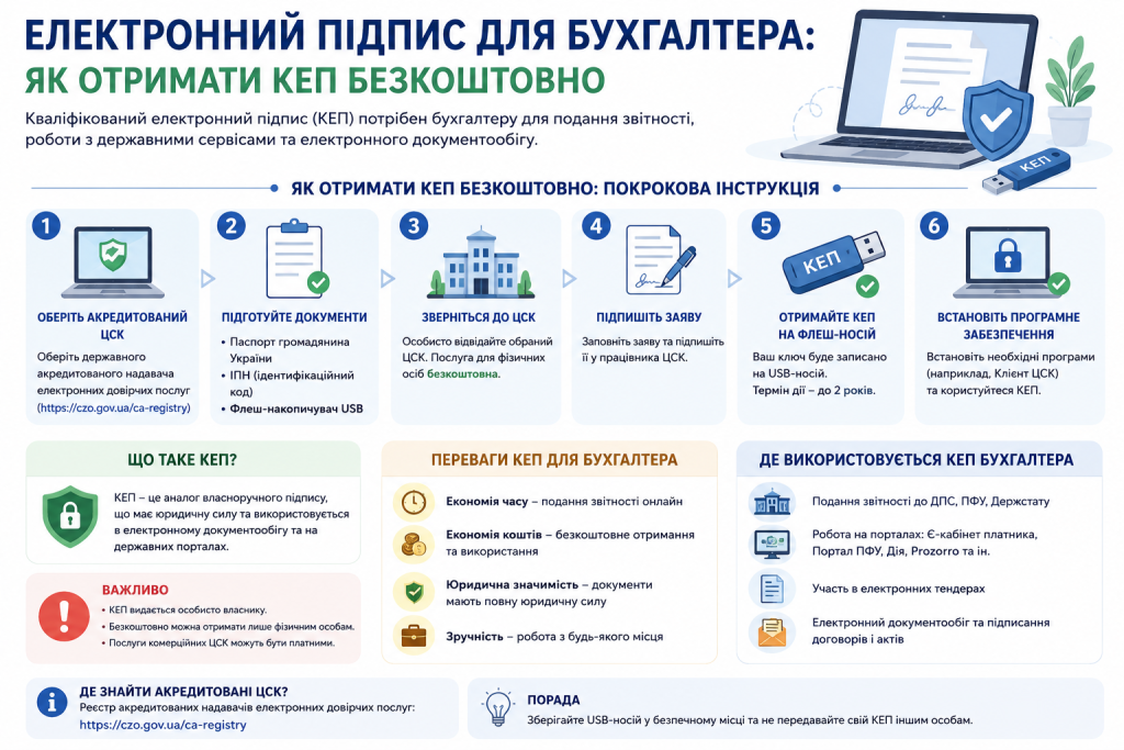 Інфографіка з покроковою інструкцією безкоштовного отримання КЕП для бухгалтера