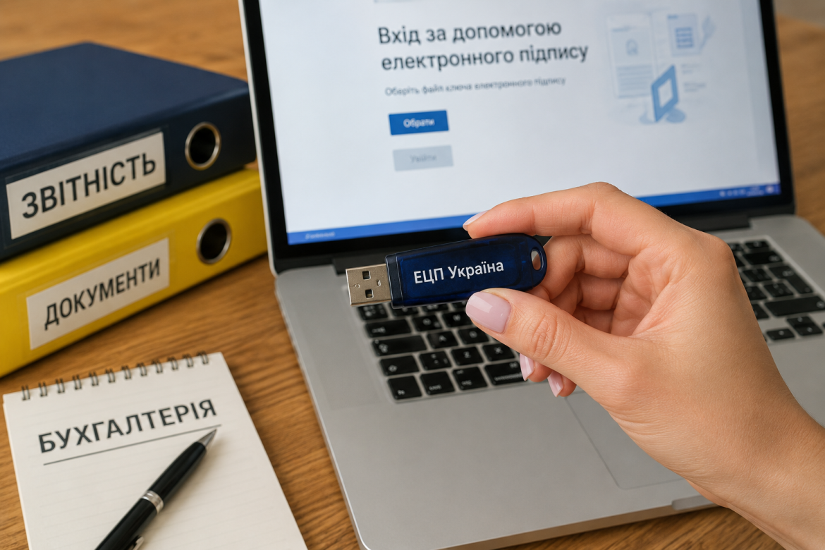 USB-носій з електронним цифровим підписом у руці на фоні ноутбука та бухгалтерських документів