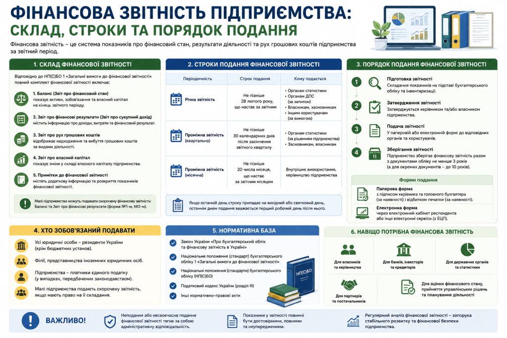 Інфографіка зі складом, строками подання та порядком подання фінансової звітності підприємства