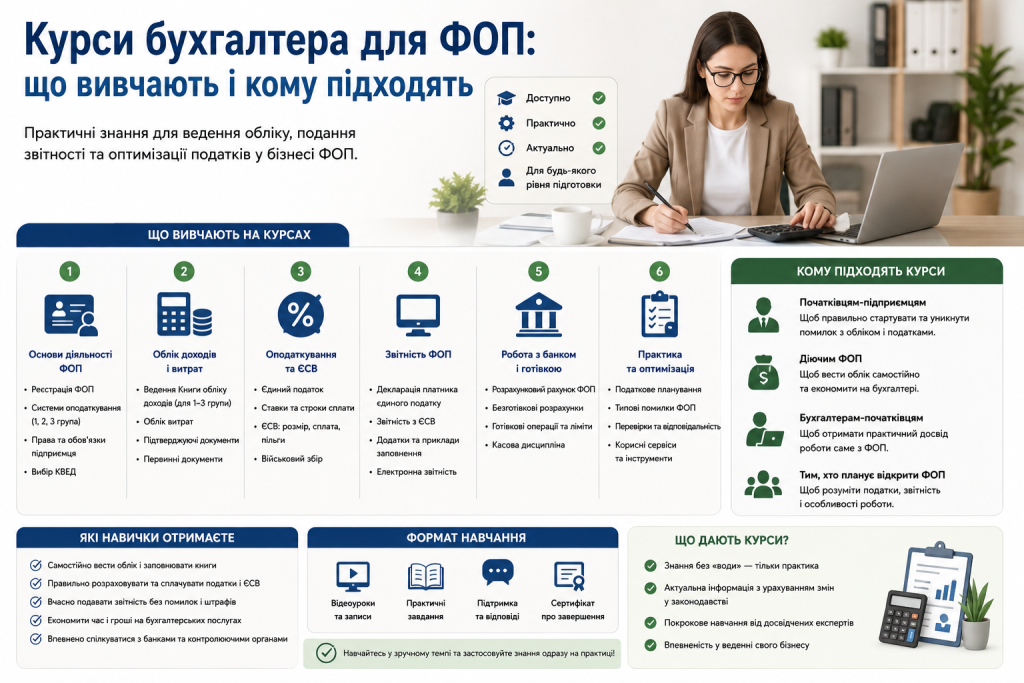 Інфографіка про програму курсів бухгалтерського обліку для фізичних осіб-підприємців.