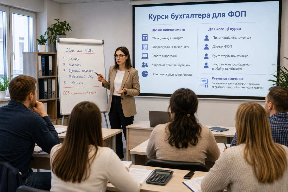 Викладач пояснює бухгалтерський облік для ФОП слухачам навчального курсу.