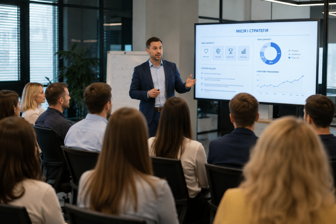 Лектор проводить презентацію програмного забезпечення BAS перед аудиторією.