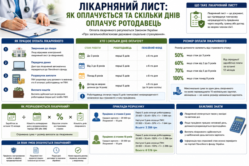 Інфографіка про оплату лікарняного листа, страховий стаж та порядок розрахунку виплат