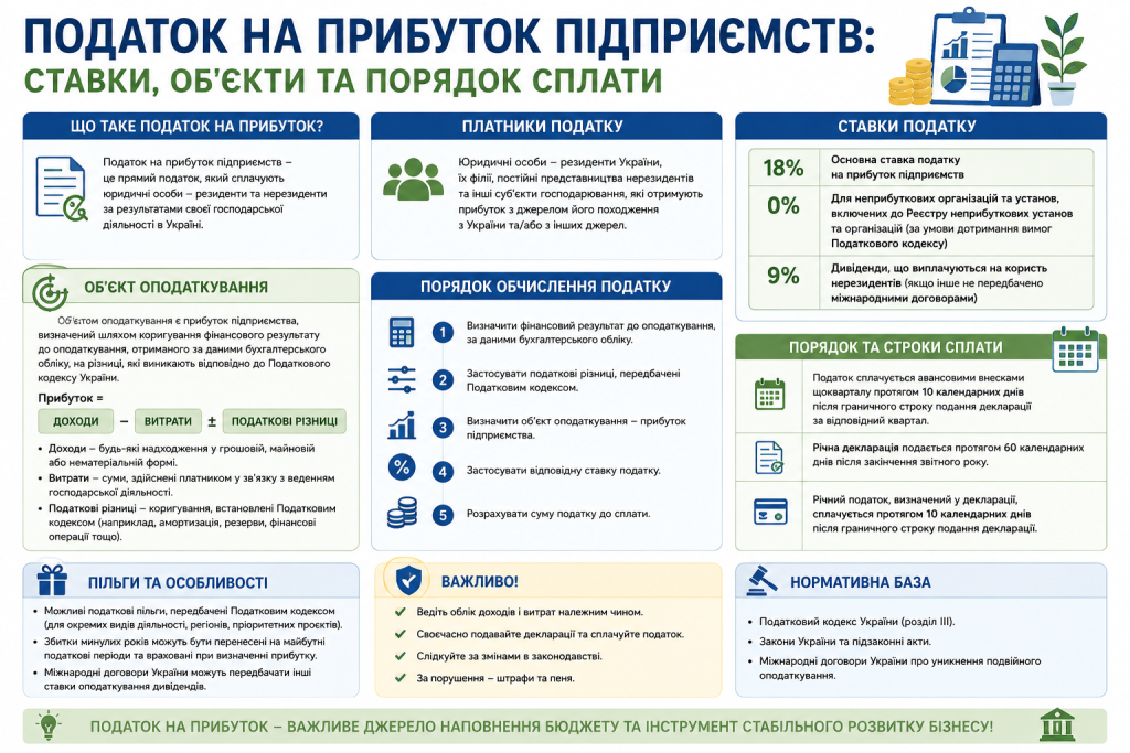 Інфографіка зі ставками, об'єктами оподаткування та порядком сплати податку на прибуток підприємств