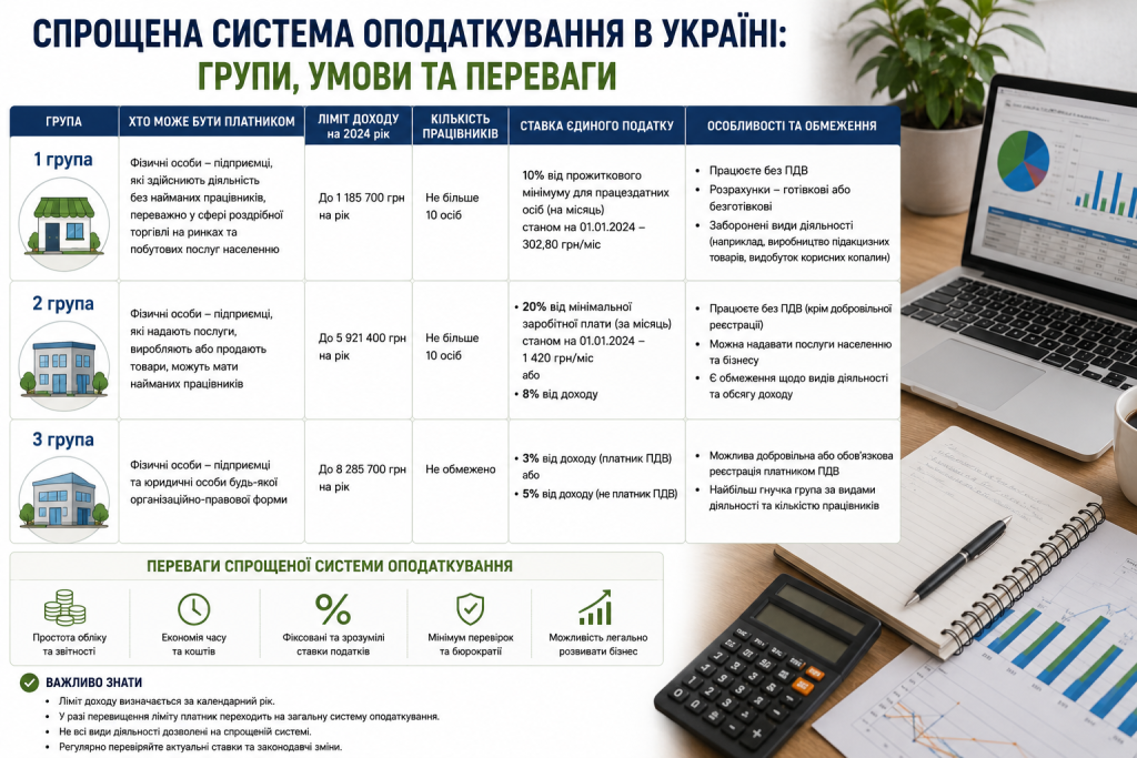 Інфографіка про групи спрощеної системи оподаткування, ліміти доходу та ставки єдиного податку