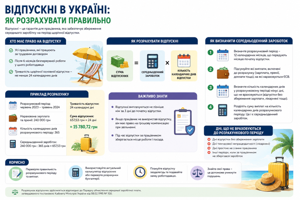 Інфографіка з формулою та прикладом розрахунку відпускних для працівника в Україні