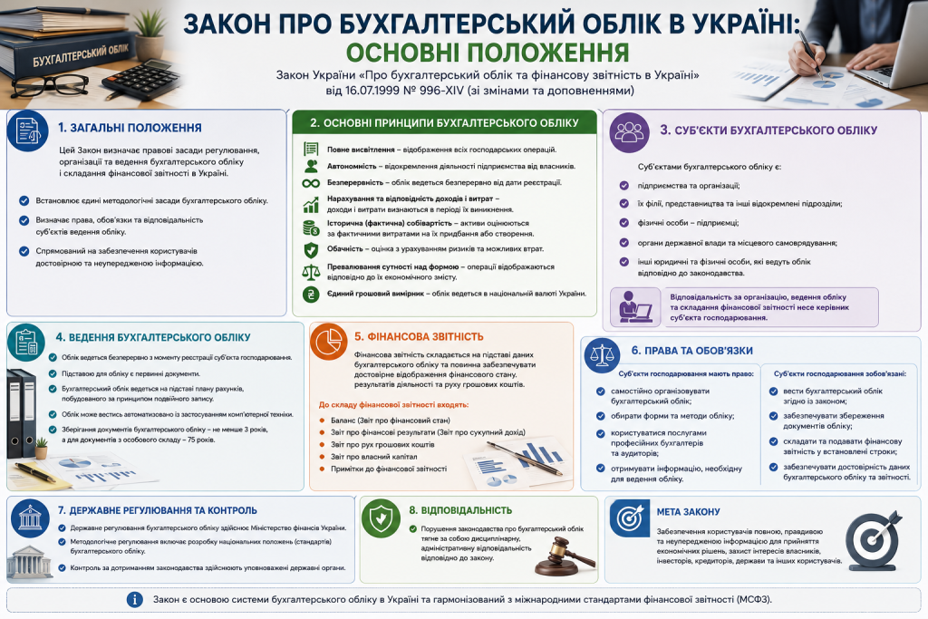 Інфографіка про Закон України «Про бухгалтерський облік та фінансову звітність», принципи бухгалтерського обліку, права, обов’язки та фінансову звітність.
