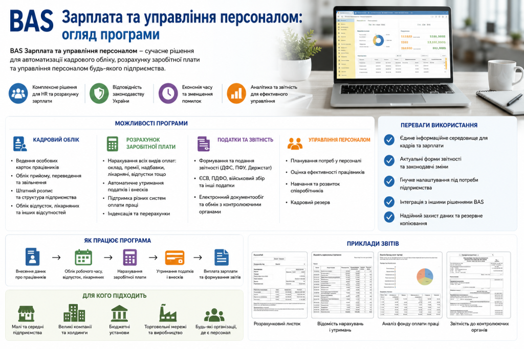 Інфографіка з основними можливостями програми BAS Зарплата та управління персоналом.