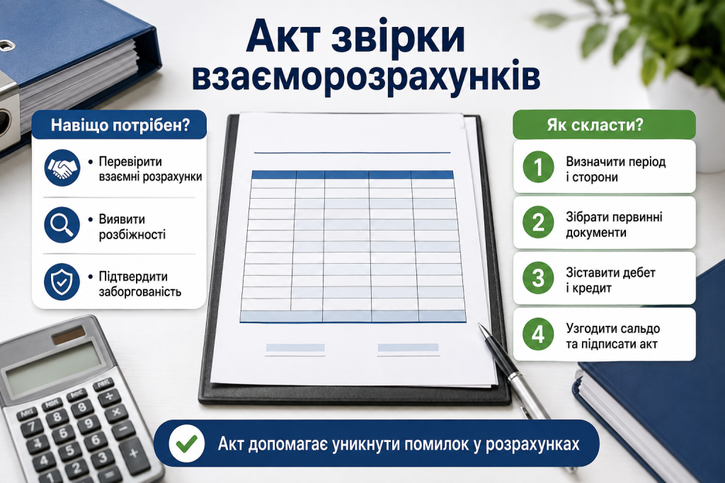 Інфографіка про акт звірки взаєморозрахунків, його призначення та основні етапи складання