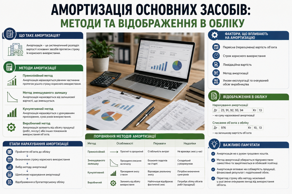 Інфографіка про амортизацію основних засобів, методи нарахування, етапи розрахунку та бухгалтерський облік
