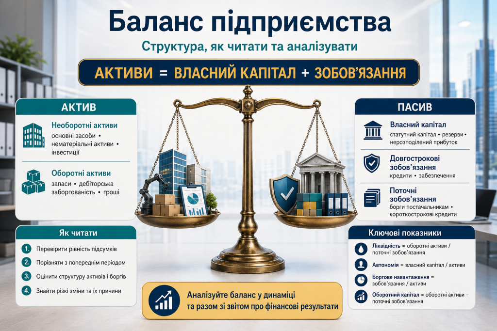 Інфографіка про структуру балансу підприємства з активами, власним капіталом, зобов’язаннями та ключовими показниками