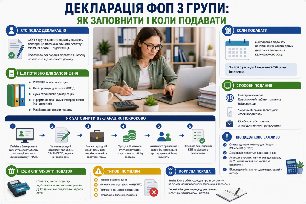 Інфографіка про заповнення декларації ФОП 3 групи, строки подання, необхідні дані та способи відправлення