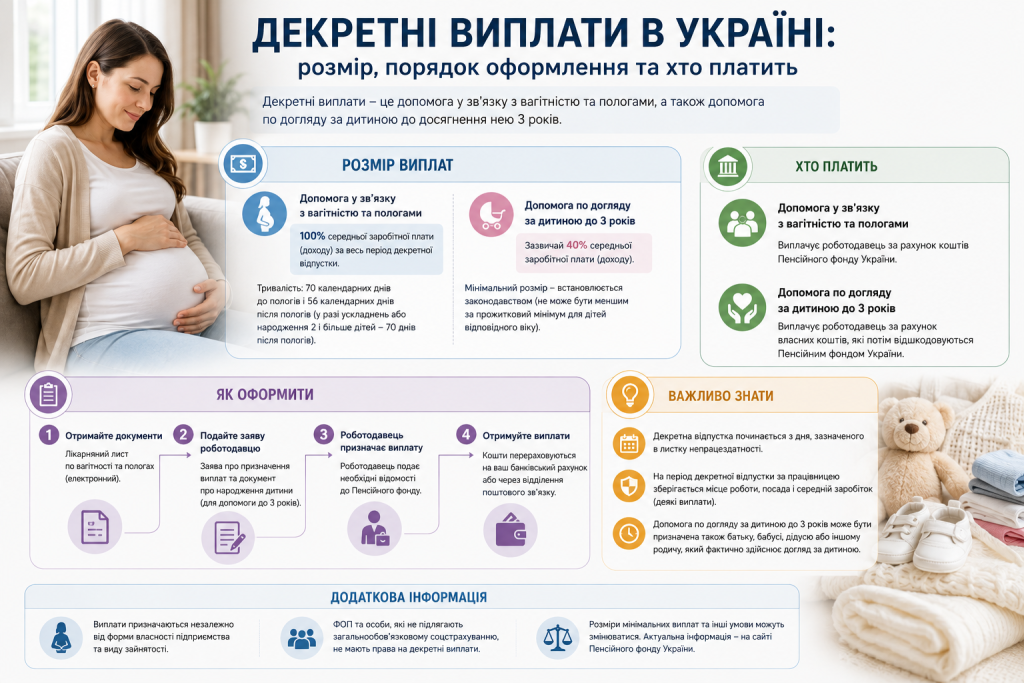 Інфографіка про декретні виплати в Україні з розмірами допомоги, порядком оформлення та інформацією про виплату коштів.