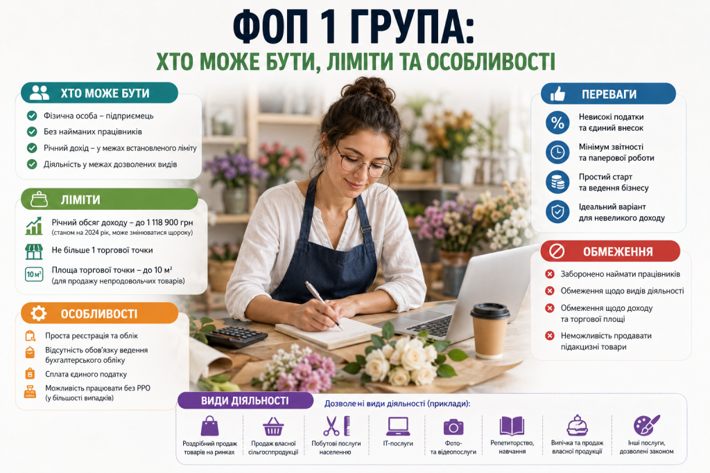 Інфографіка про ФОП 1 групи, дозволені види діяльності, ліміти доходу, переваги та обмеження