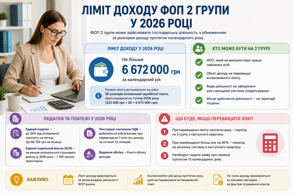 Інфографіка про ліміт доходу ФОП другої групи у 2026 році, податки, платежі та наслідки перевищення встановленого ліміту.