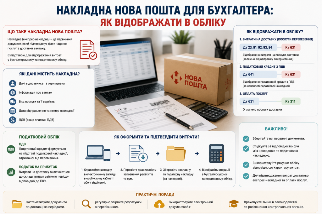 Інфографіка про облік накладної Нової пошти, підтвердження витрат на доставку та відображення операцій у бухгалтерії.