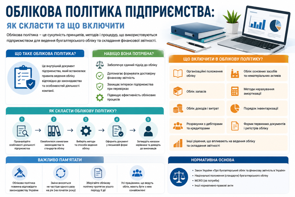 Інфографіка про облікову політику підприємства, основні складові документа, етапи підготовки та нормативну основу.