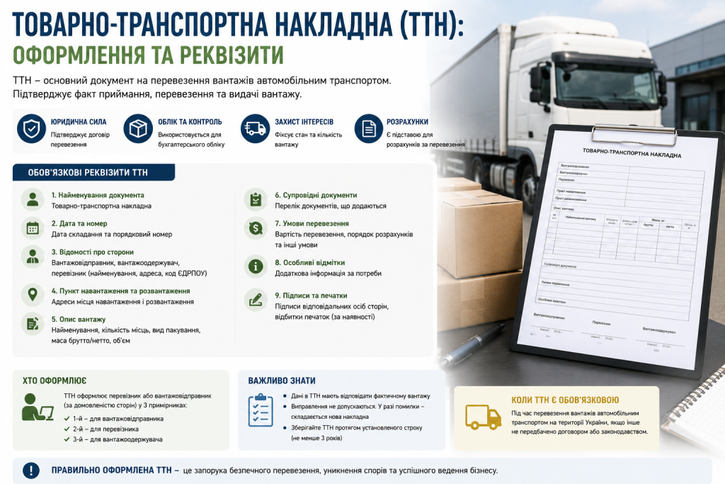 Інфографіка про оформлення товарно-транспортної накладної, обов’язкові реквізити ТТН, супровідні документи та правила перевезення вантажів.