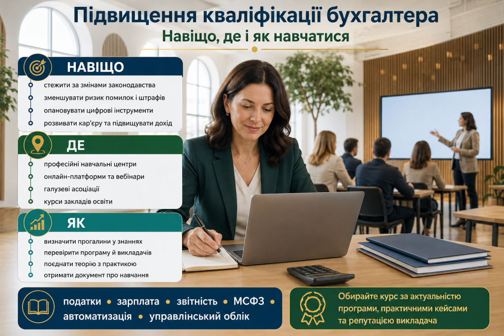 Інфографіка про підвищення кваліфікації бухгалтера, вибір навчання та професійний розвиток