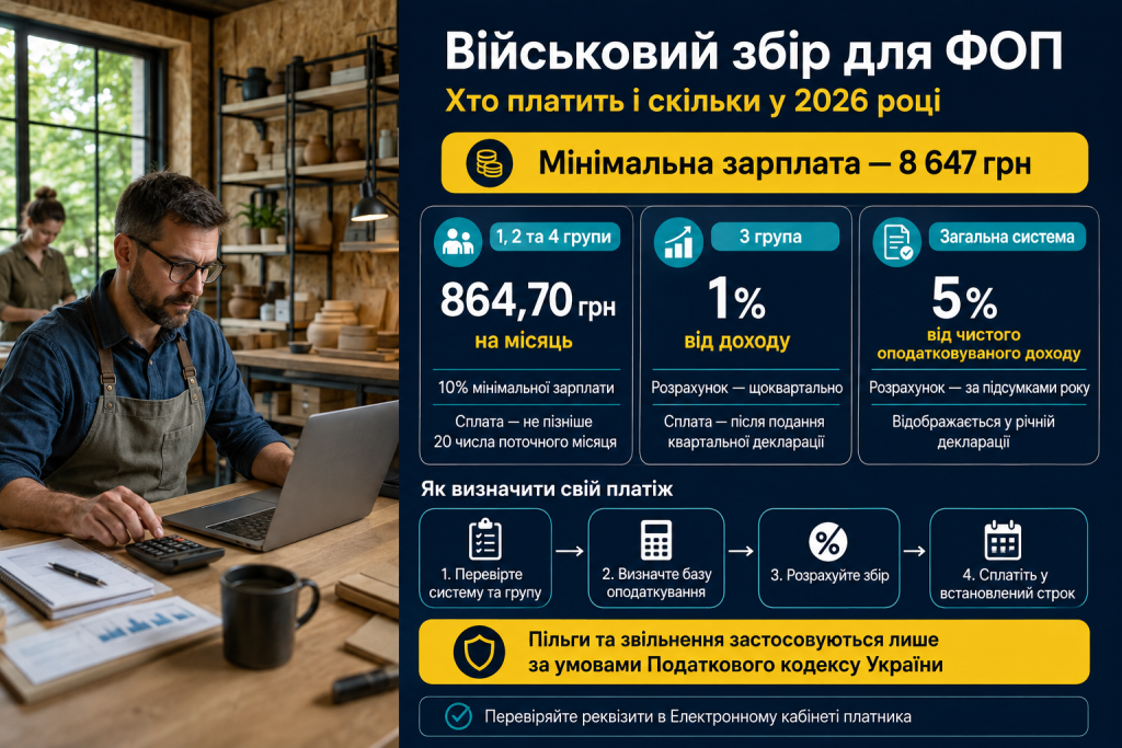 Інфографіка про військовий збір для ФОП різних груп, ставки, порядок розрахунку та строки сплати у 2026 році