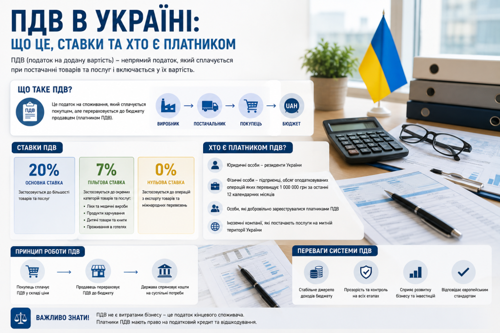 Інфографіка про податок на додану вартість в Україні, ставки ПДВ, принцип роботи та категорії платників.