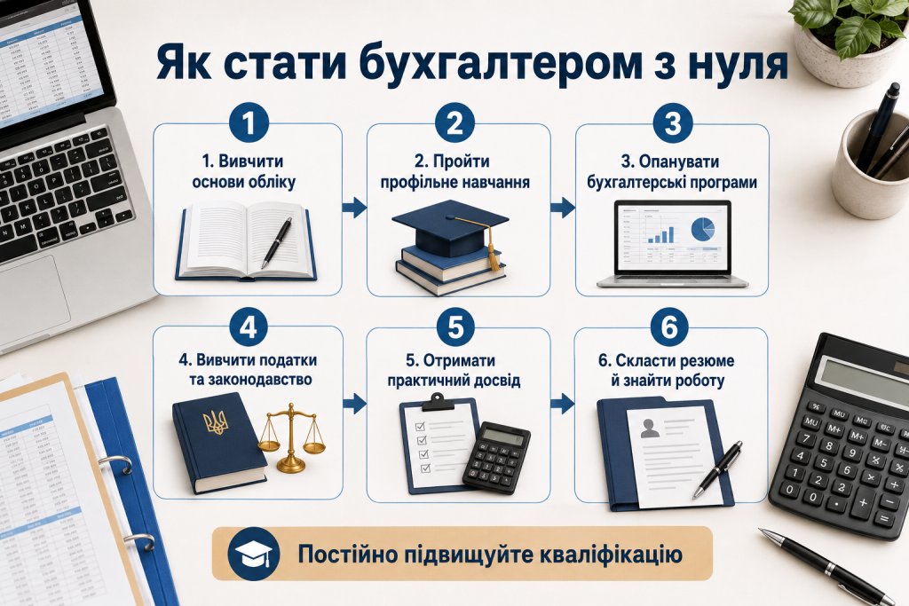 Інфографіка про те, як стати бухгалтером з нуля: навчання, бухгалтерські програми, податки, практика та пошук роботи
